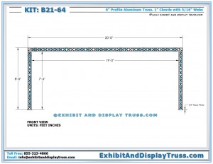 Front View dimensions for Truss Display System B21_64. 10x20 Trade Show Booths. Made with 6" wide mini Truss.