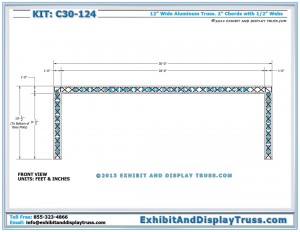 Front View dimensions for Modular Aluminum Truss System C30_124. 20x30 Trade Show Booth Size. Aluminum Box Truss.