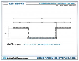 Top view dimensions for Trade Show Peninsula Booth Standard B35_64. Made with 6" wide mini truss.