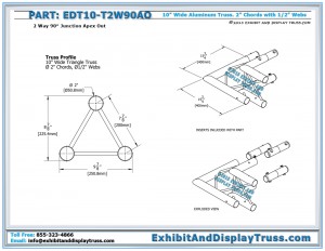 Dimensions for EDT10_T2W90AO. 10" Wide 2 Way 90° Junction Apex Out. Trade Show Truss Parts.