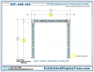 Front and Side View Dimensions for A40_104 Corner Booth for Trade Show Convention Hall. 10'x10' Display. Box Truss.