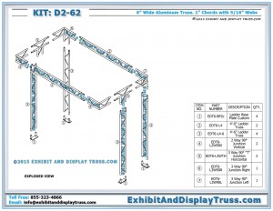 Parts list and exploded view for D2_62 Tabletop Trade Show Displays. Fits on 6' Center Fold Table.