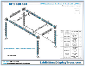 Exploded view and Parts list for B38-104 Exhibition Truss System. 10'x20' Exhibit Truss Kits. Banner Truss Structure