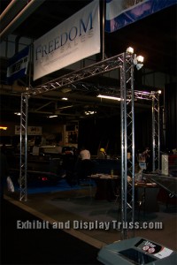 Goal post style aluminum truss trade show exhibit for convention hall or exhibit area.