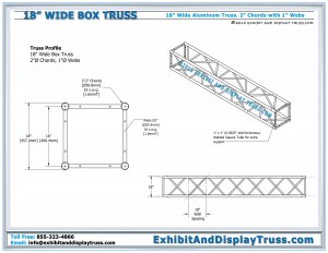 18" wide aluminum box (square) truss. 2" chords and 1" webs. Architectural information.