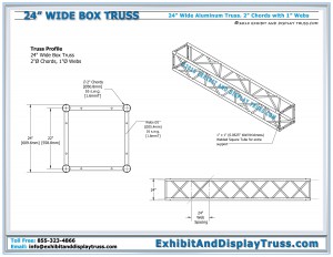 24" wide aluminum box (square) truss. 2" chords with 1" webs. Technical drawing and specifications