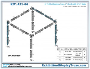 Parts list for Truss Display Kit A21-64. 10'x10' booth. 6" wide aluminum box truss.