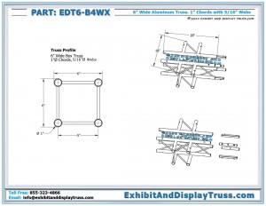 Dimensions for EDT6_B4WX 4 Way 90° "X" Box Junction. Aluminum Box Junction. 6" wide mini truss