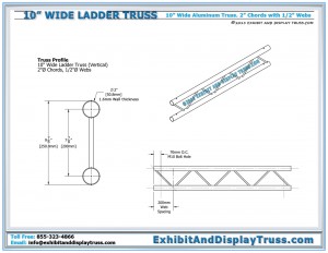 Profile Dimensions for 10" wide ladder (flat) truss. 2 Chord aluminum truss. 2" chord/tube diameter.