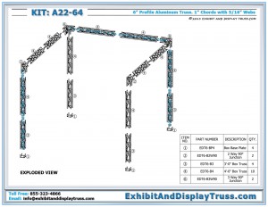 Exploded view of Display Kit A22_64. 10' x 10' booth size. 6" wide box truss.