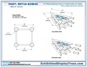Dimensions for EDT10_B2W45 10" wide 2 Way 45° Box Junction. Aluminum box truss