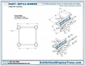 Dimensions for EDT12_B4W90 12″ Wide 4 Way 90° Box Junction. Aluminum box (square) truss