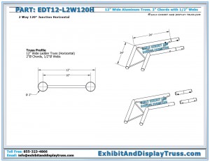 Dimensions for EDT12_L2W120H 12″ Wide 2 Way 120° Junction Horizontal. Ladder truss.