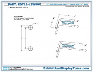 Dimensions for EDT12_L2W90V 12″ Wide 2 Way 90° Junction Vertical. Aluminum ladder truss