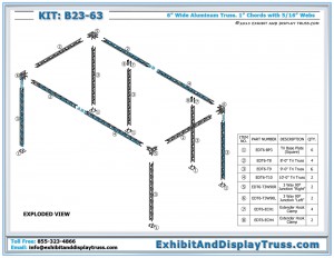 parts list of Exhibit Display Kit B23_63. 10 ' x 20' perimeter booth. 6" wide, 3 Chord Triangle Truss.