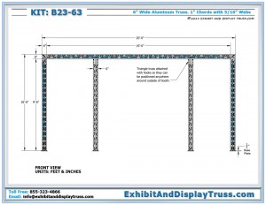 Front View of Exhibit Display Kit B23_63. 10 ' x 20' perimeter booth. 6" wide, 3 Chord Triangle Truss.