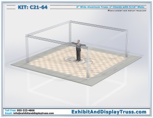 4K image of Exhibit Display Kit C21-64. 20' x 20' Display booth size. Made from 6" wide aluminum box truss.