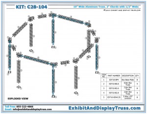 Parts List of Exhibit Display Kit C28-104. 20' x 20' exhibit booth. Made with 10" wide aluminum box truss.