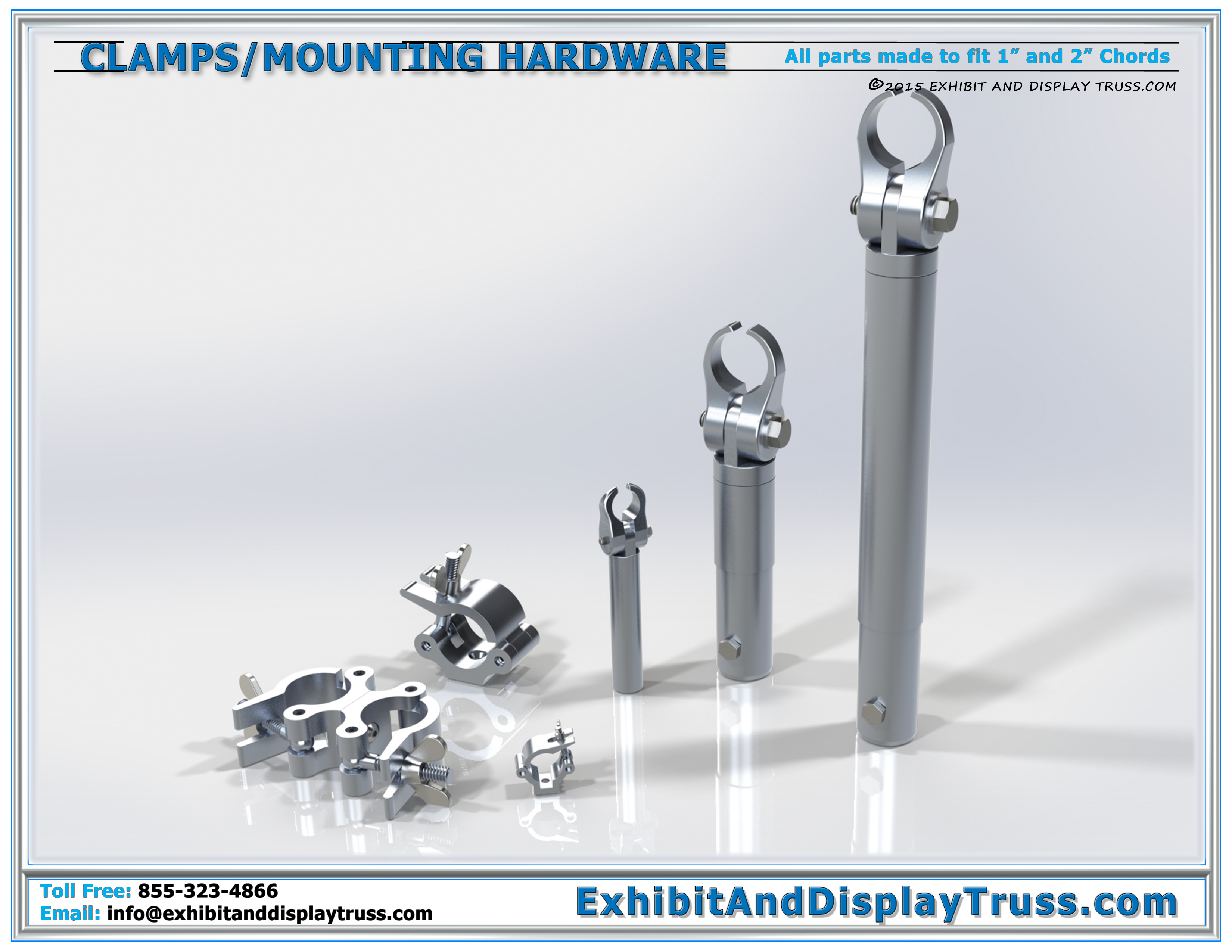 Clamps and Mounting Hardware for Aluminum Truss Exhibition Exhibits and Display Booth Systems