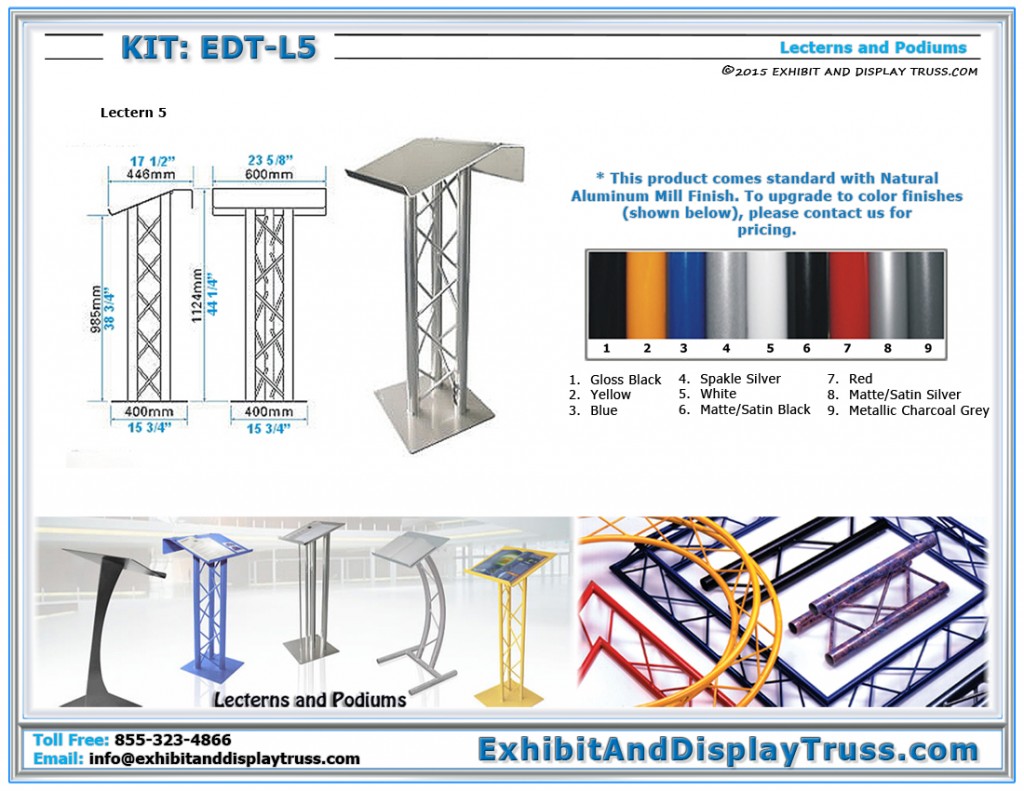 Dimensions for EDT_L5 Lectern 5. Aluminum truss lectern. Extra large podium top with panel for displaying logos.