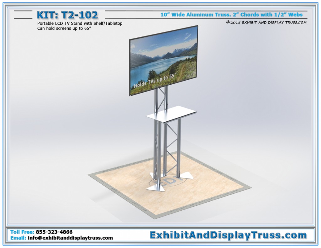 T2_102 Portable LCD TV Stand. Holds screens up to 65 inches. Made from 10 inch wide aluminum truss.