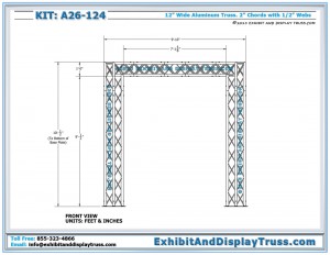 front view dimensions for Aluminum Truss Design A26_124. 10'x'10' Booth Size. Made from 12" wide aluminum box truss.