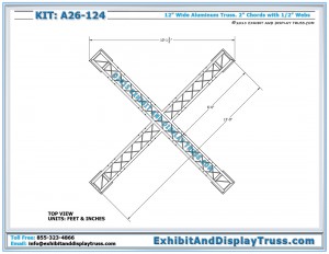 Top View dimensions for Aluminum Truss Design A26_124. 10'x'10' Booth Size. Made from 12" wide aluminum box truss.