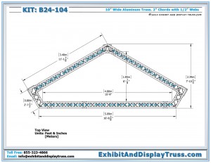 Top view dimensions for Lightweight Truss Trade Show Kit B24_104. Fits 10' x 20' Booth. Made from 10" wide aluminum Box truss.