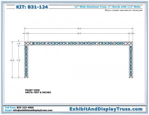 Front view dimensions for Tradeshow Booth B31_124. Fits 10' x 20' Booth size. Made from 12" wide aluminum box truss.