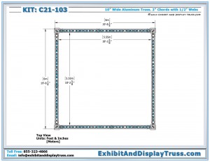 Top view dimensions for Tradeshow Booth Design C21_103. 20' x 20' perimeter Booth. 10" wide triangle truss.