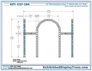 Front view dimensions for Truss System C27_104. Fits 20' x 20' standard booth size. Made with 4 Chord Aluminum Box Truss.