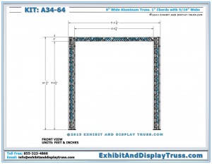 Front View dimensions for Portable Aluminum Truss Kit: A34_64. Fits 10x10 trade show booth. Made with 6" wide mini truss.