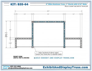 Front View Dimensions for Trade Show Peninsula Booth Standard B35_64. Made with 6" wide mini truss.